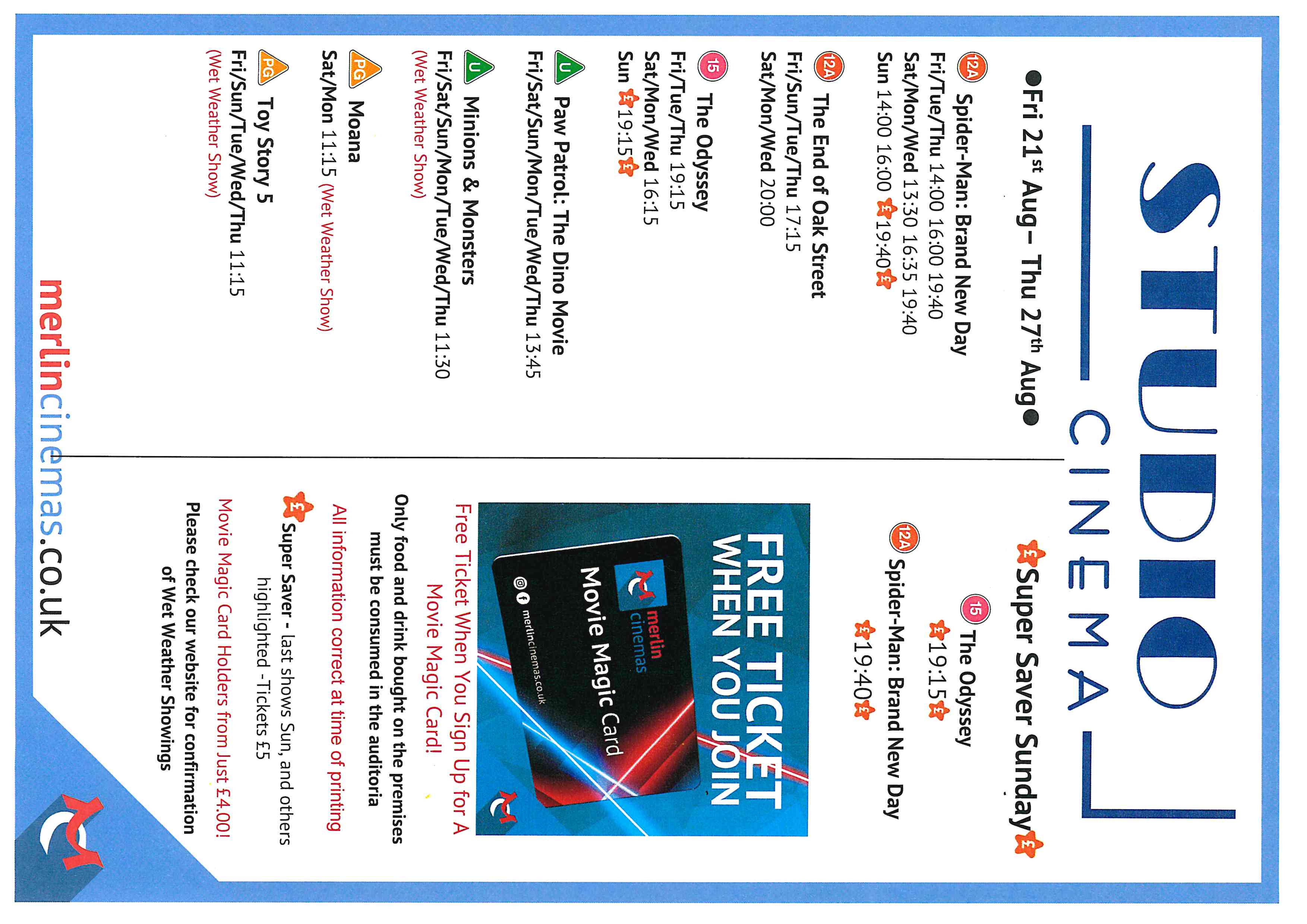 Studio Cinema Listings 21st August -27th August. 